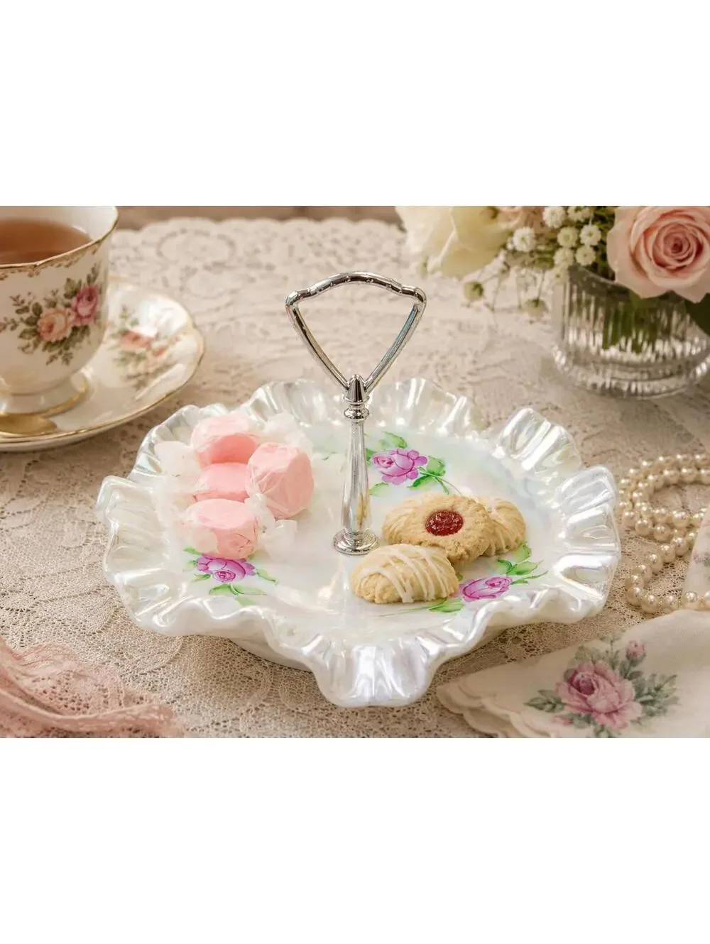 Vintage Signed Fenton Iridescent Rose Tidbit Tray Candy Dish